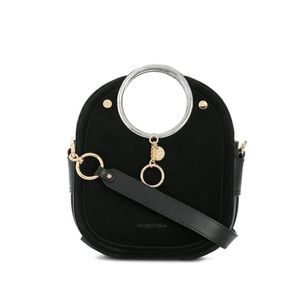 RARE See by Chloé Mara Embellished Suede-Paneled Black Leather Tote Bag